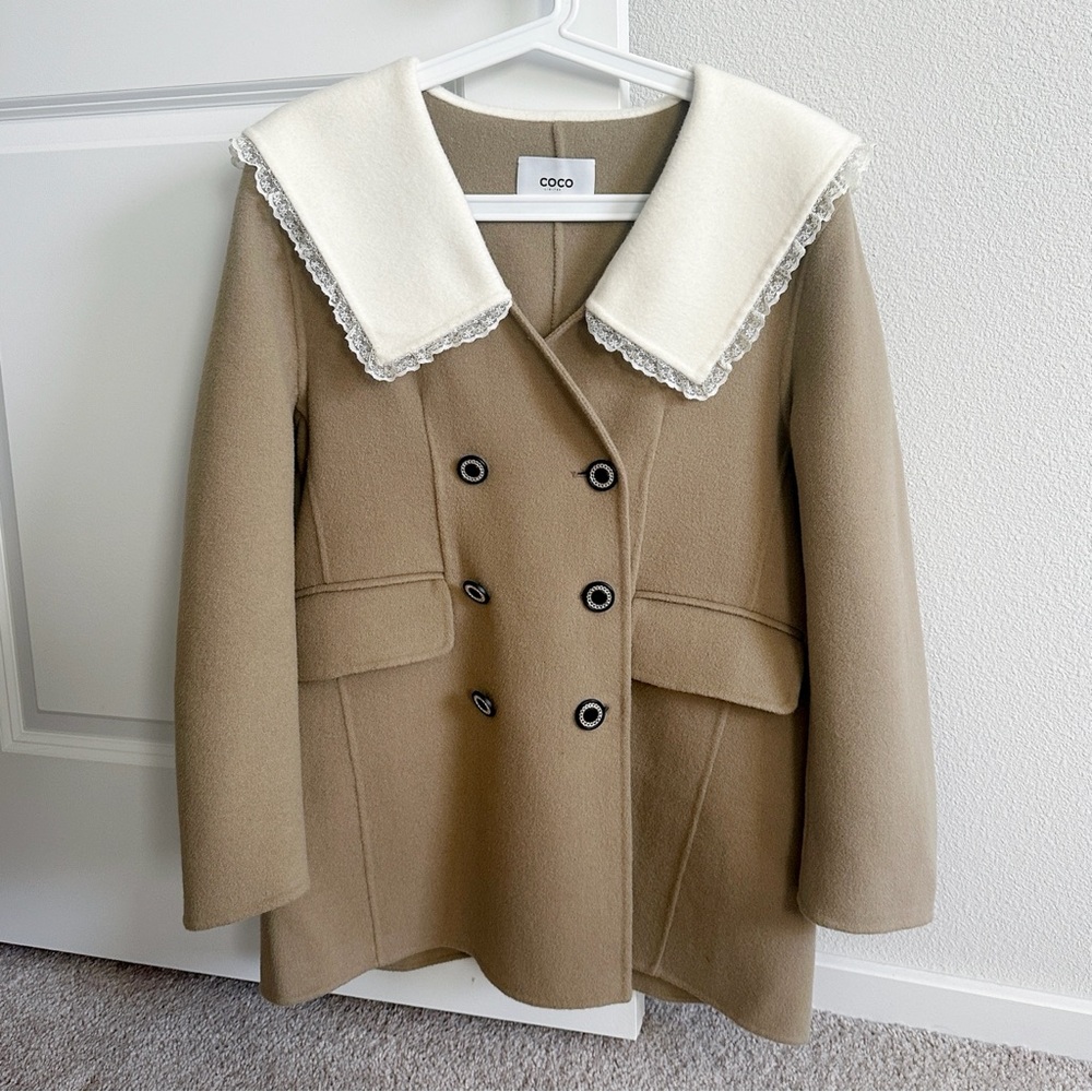 100% Double Faced Wool Jackets Lace Trim Sailor Collar Double Breasted Wool Coat